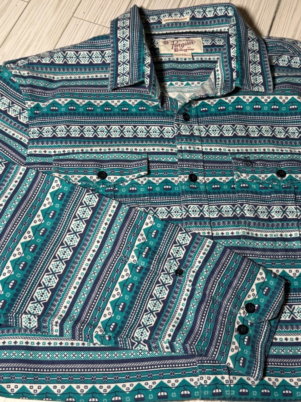Original Penguin Heritage Slim Fit 100% Cotton Ski Gondola Print Shirt Men L